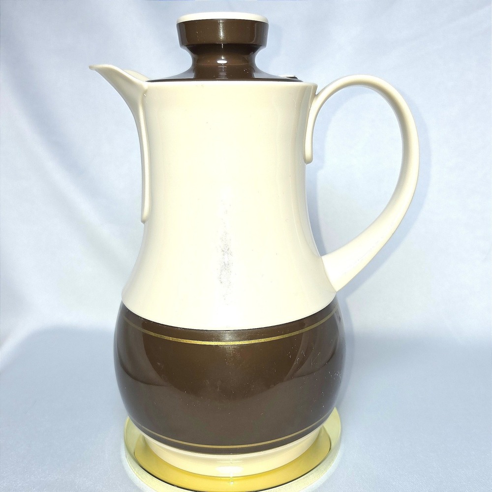 Vintage Mid Century Modern Insulated Coffee Carafe Brown Cream Gold Stripe MCM